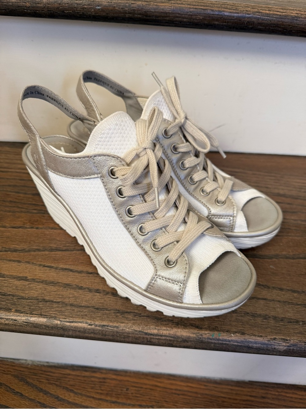 Fly London 38 Yedu Wedge Lace up Sandal  - White & Metallic silver